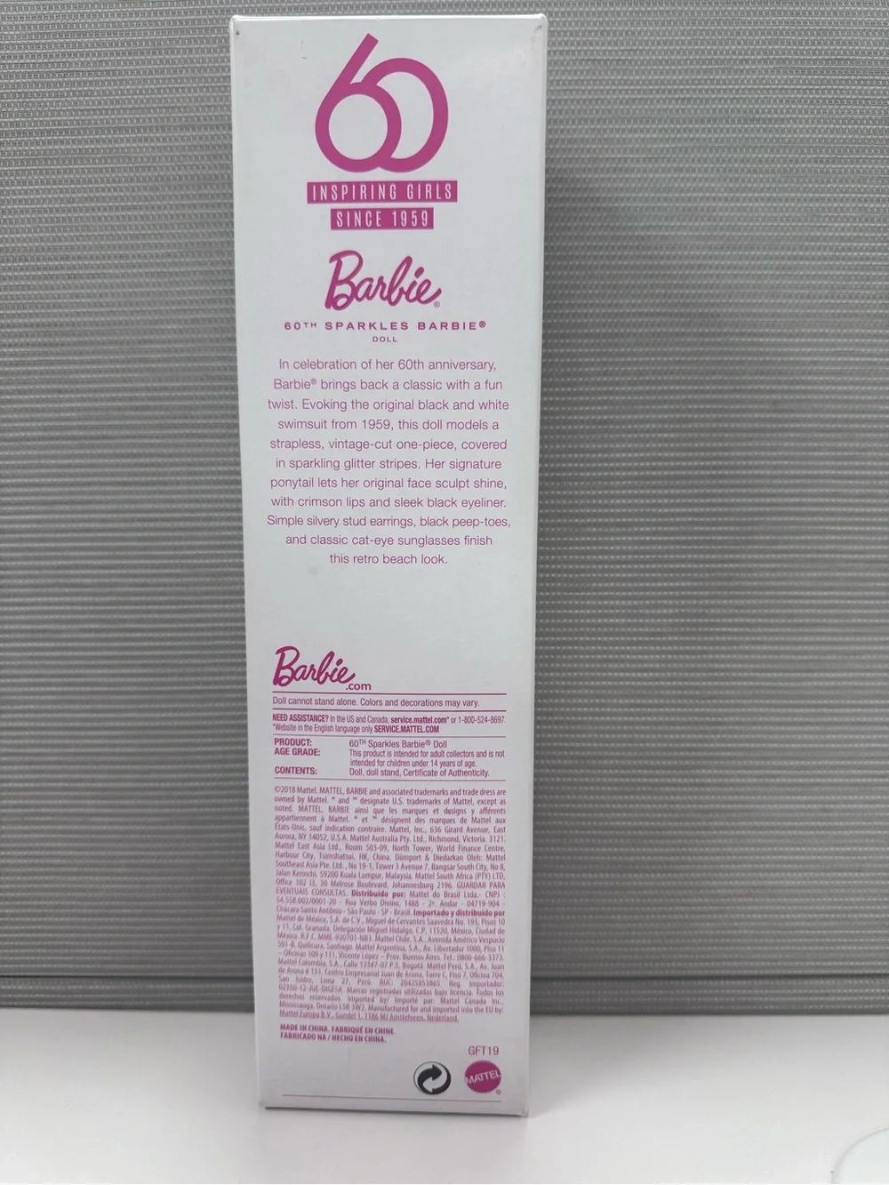 Barbie Pink & White 60th Sparkles Collector Doll Box Back